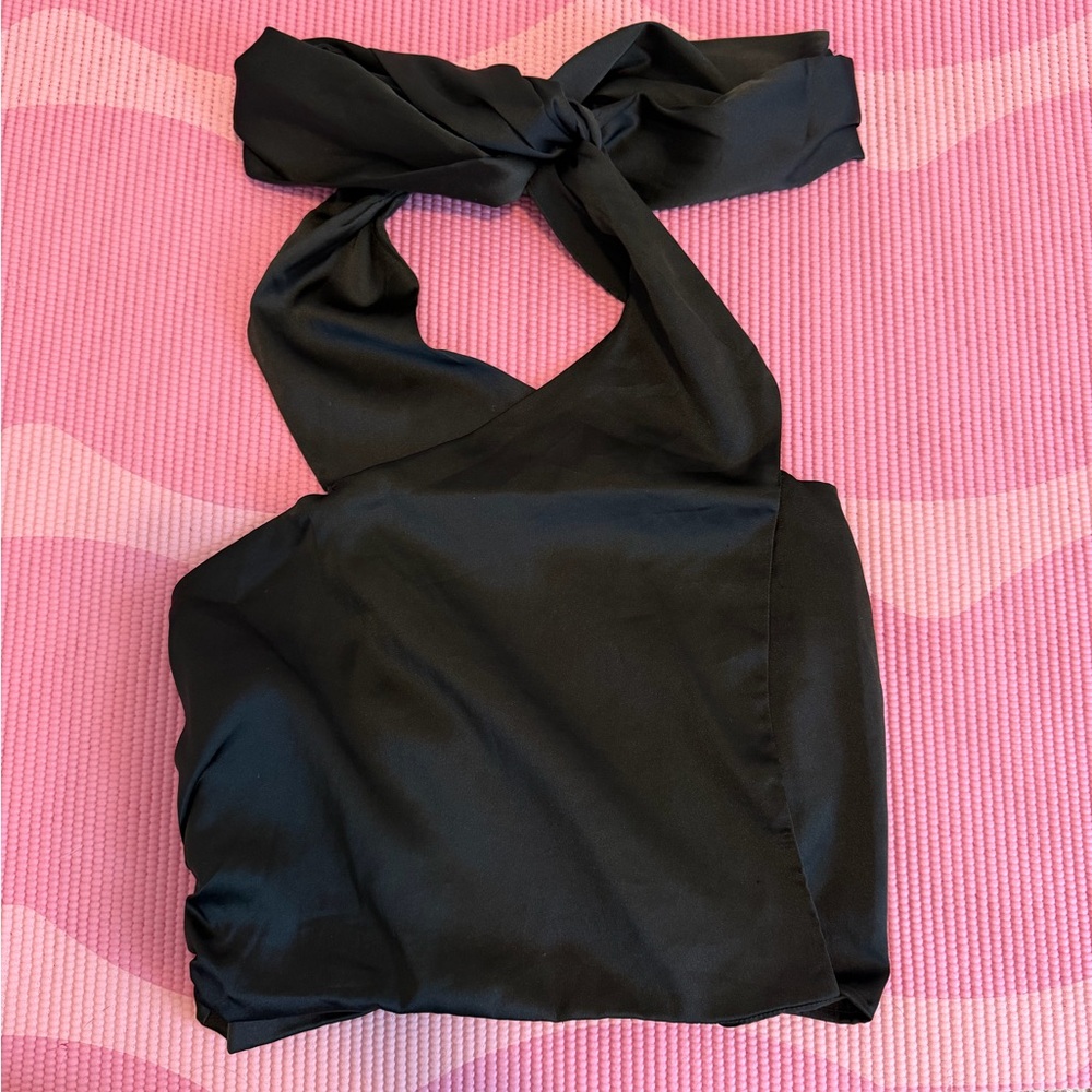 Vestique Black Satin Halter Crop Top with Tie
